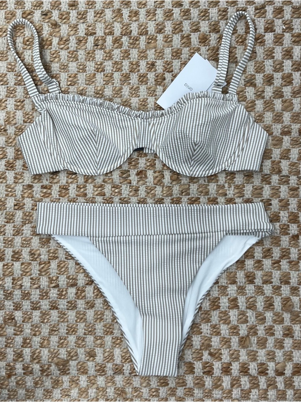 Onia Tan & White Striped Seersucker Bikini NWT M/L